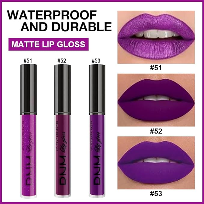 Violet Purple Crystal Metallic Shimmer Glitter Matte Liquid Lipstick Lip Stain Sets for Women Matte+Lipstick Long Lasting Waterproof Permanent 24 Hours Magic Lipstick 24 Hours originalSet(24#)