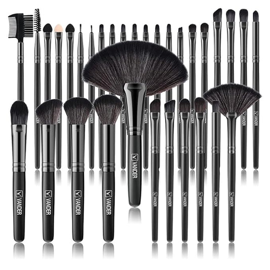 Vander Make up Brush Set, 32Pcs Professional Premium Synthetic Brochas Para Maquillaje, Foundation Powder Concealers Eyeshadow Eyeliner Brush Travel make up brushes set (Black)