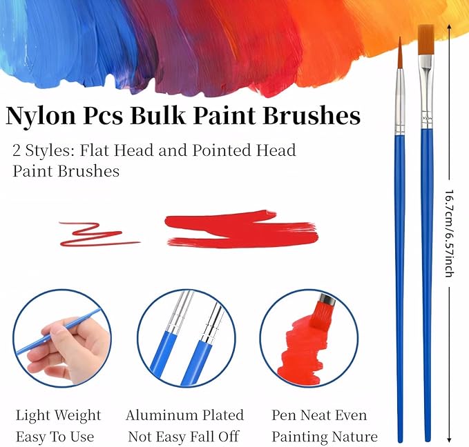 Paint Brushes Bulk(30 Pcs) and Palettes（10 Pcs） - 15 Pcs Flat & 15 Pcs Pointed Paint for Oil Acrylic, Watercolor Painting - Art Supplies for Kids, Adults (Canvas, Face, Nail Art, Classroom, Studio)