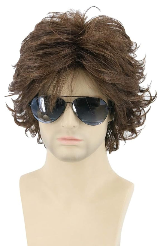 Topcosplay Mens Wigs Brown Short Cosplay Wig Wavy Fluffy Style Layered Halloween Costume Wigs