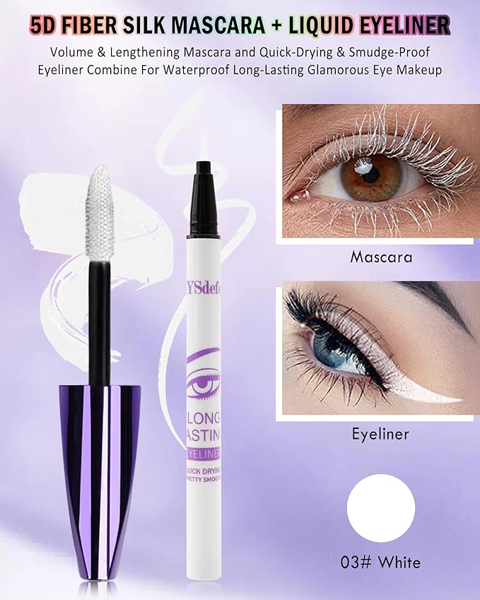 White Mascara Liquid Eyeliner Set,5D Waterproof Fiber Colored Mascara Volume and Length,Longlasting Smudgeproof Color Eye Liner Pen,Cosplay Party Stage Use,Christmas Makeup Gift Kit for Women Girl