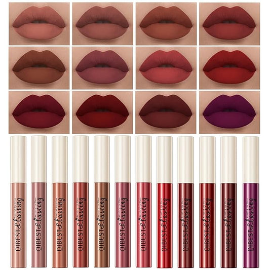 12Pcs Nude Matte Liquid Lipstick Set, Waterproof Long Lasting Non-Stick Cup Nude Brown Dark Red Purple Lipstick 24 Hour Not Fade Matte Lipstick Professional Lip Makeup Christmas Gift for Women (Set A)