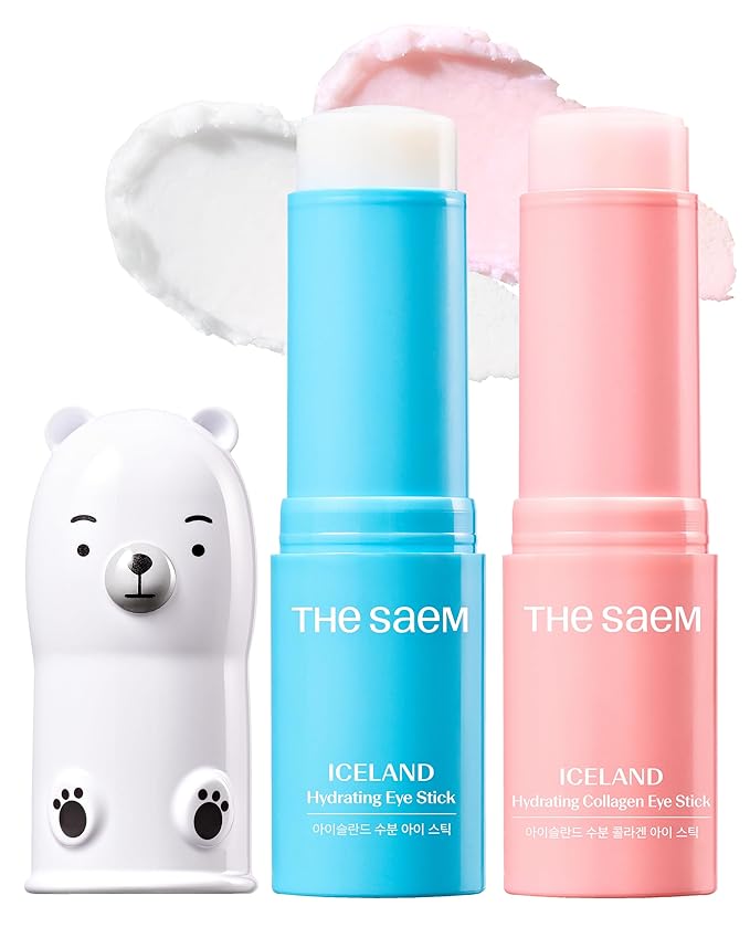 THESAEM Iceland Hydrating Eye Stick Bundle - 2 Pack (Hydrating + Collagen) 0.38 oz each - Cooling Balm for Dark Circles, Puffiness & Wrinkles - Under Eye Treatment with Niacinamide & Collagen