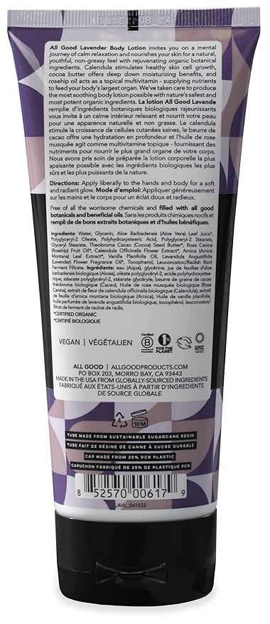 (2-Pack, Lavender) - All Good Body Lotion w/Essential Oils - Moisturising Organic Calendula, Cocoa Butter, Coconut & Rose Hip Oil - Non GMO - Vegan - 180ml (Lavender)(2-Pack)