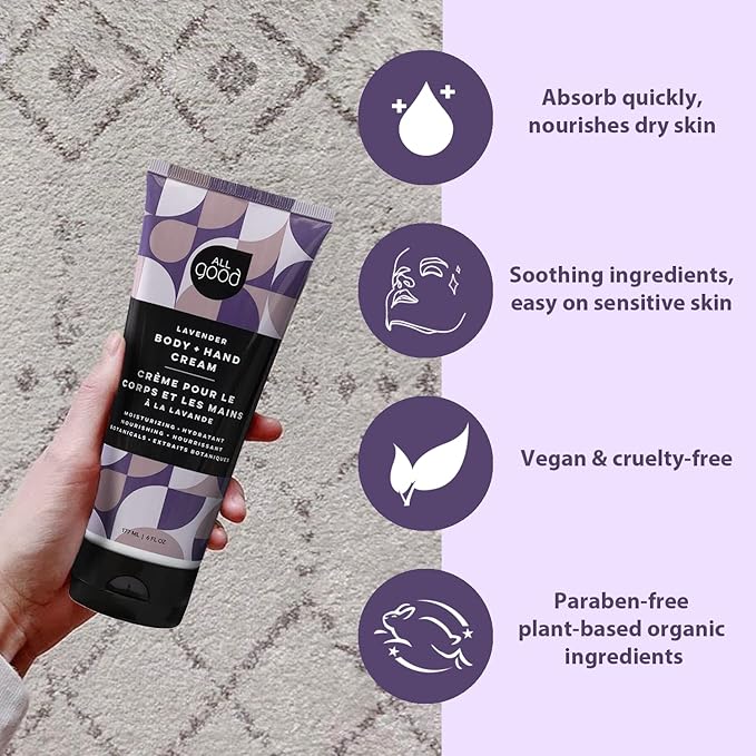All Good Hand & Body Lotion - Moisturizing Organic Lotion for Dry Skin - Lavender Oil, Cocoa Butter, Rosehip Oil, Arnica, Vitamin E - Non-Greasy Body Butter, 6 fl oz (Lavender)