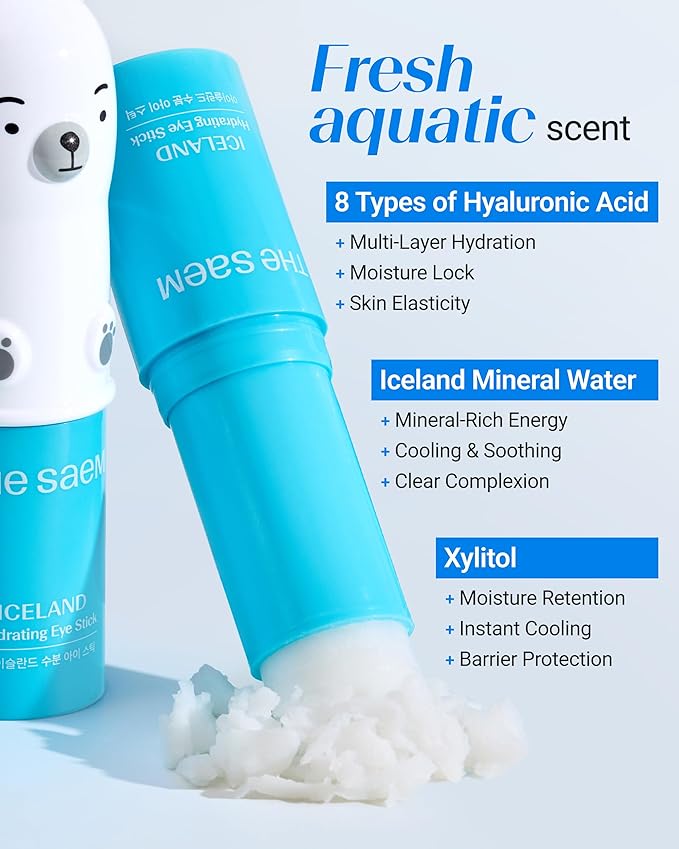 THESAEM Iceland Hydrating Eye Stick Bundle - 2 Pack (Hydrating + Collagen) 0.38 oz each - Cooling Balm for Dark Circles, Puffiness & Wrinkles - Under Eye Treatment with Niacinamide & Collagen