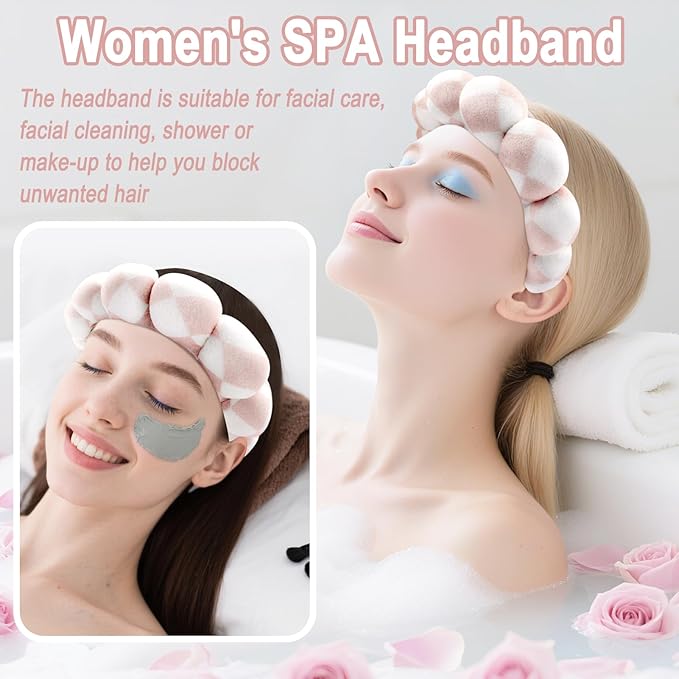 Zkptops Spa Headband for Washing Face Wristband Set Sponge Makeup Skincare Velvet Fabric Bubble Soft Get Ready Hairbands for Women Puffy Headwear Non Slip Thick Thin Hair Accessory (Checkered)