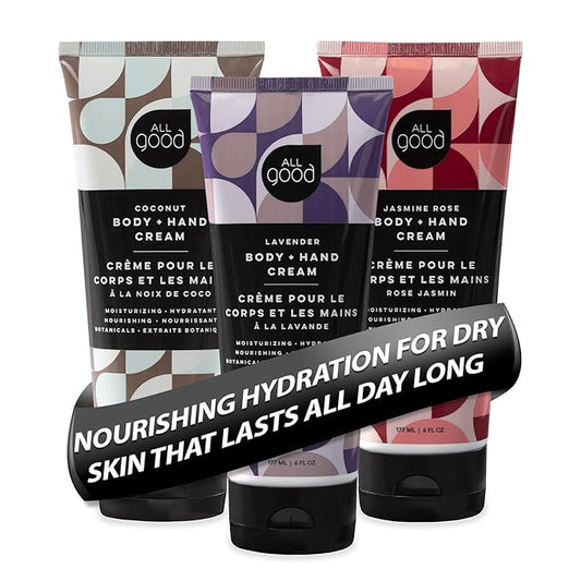 All Good Hand & Body Lotion - Moisturizing Organic Lotion for Dry Skin - Essential Oils, Cocoa Butter, Rosehip Oil, Arnica, Vitamin E - 6 fl oz (3-pack, Coconut, Lavender, Jasmine Rose)