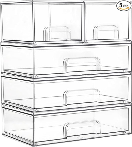 Vtopmart Clear Stackable Storage Drawers Set of 5, Plastic Organizer Bins for Makeup, Cosmetics, Beauty Supplies,Ideal for Vanity, Bathroom,Cabinet,Pantry Organization