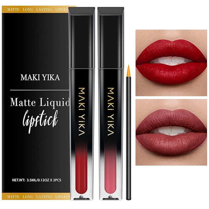 MAKI YIKA 2Pcs Matte Liquid Lipstick Set MVP Red Nude Lipstick Long Lasting Smudgeproof Transfer Proof Lip Makeup, MVPRed/Nude