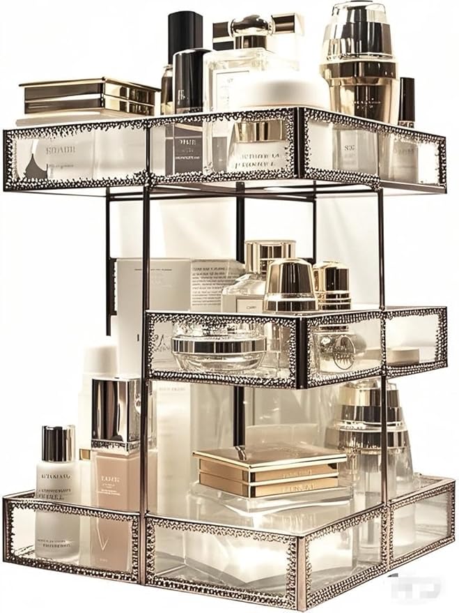 Vintage Glow Antique 360 Degree Rotating Makeup Organizer,4-Tier Spinning Perfume Tray,Countertop Cosmetic Storage ,Glass Beauty Display,Retro Large Capacity Vanity Organizer for Brushes Skincare