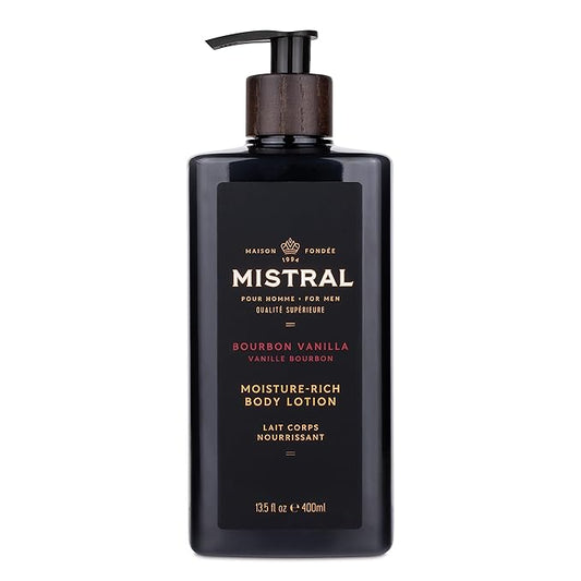 Mistral Bourbon Vanilla Body Lotion for Men | Moisture-Rich Body Cream | Fast-Absorbing Men’s Lotion with Shea Oil & Squalane | Natural & Paraben-Free | Masculine Scent – 13.5 fl oz