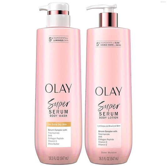 Olay Super Serum Body Wash + Hand & Body Lotion Bundle for Dry Skin, 24hr Long Lasting Hydration, 5+ Ingredient Serum Complex for Luminous Skin, 18.5 fl oz (Pack of 2)