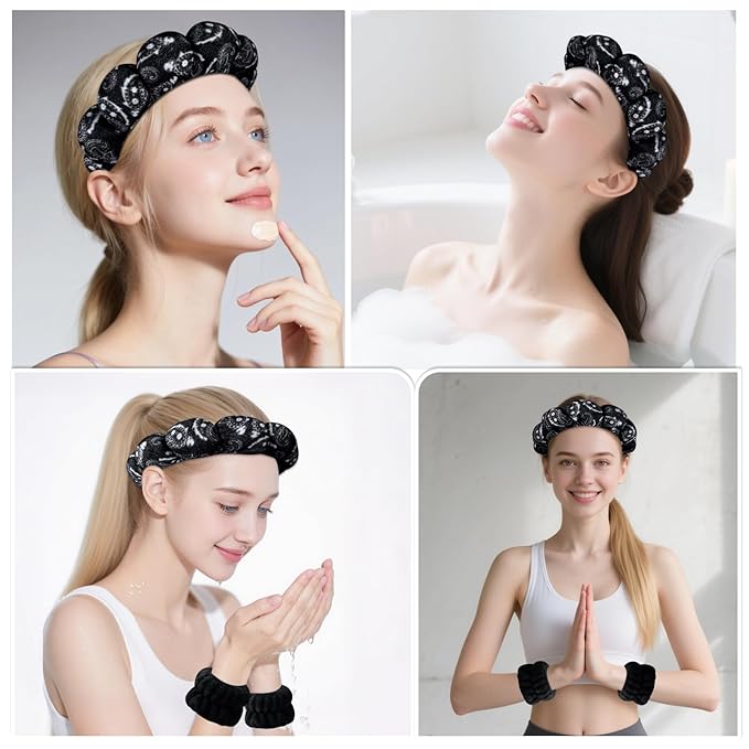 Zkptops Spa Headband for Washing Face Wristband Set Sponge Makeup Skincare Velvet Fabric Bubble Soft Get Ready Hairbands for Women Puffy Headwear Non Slip Thick Thin Hair Accessory(Black Large Nuts)