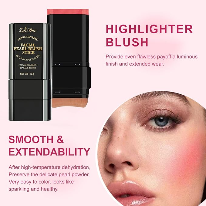 Facial Blush Stick with Brush, Creamy Lip & Cheek Color with Caesalpinia Sappan Extract, Pearl Deep Pink, 0.5 Oz