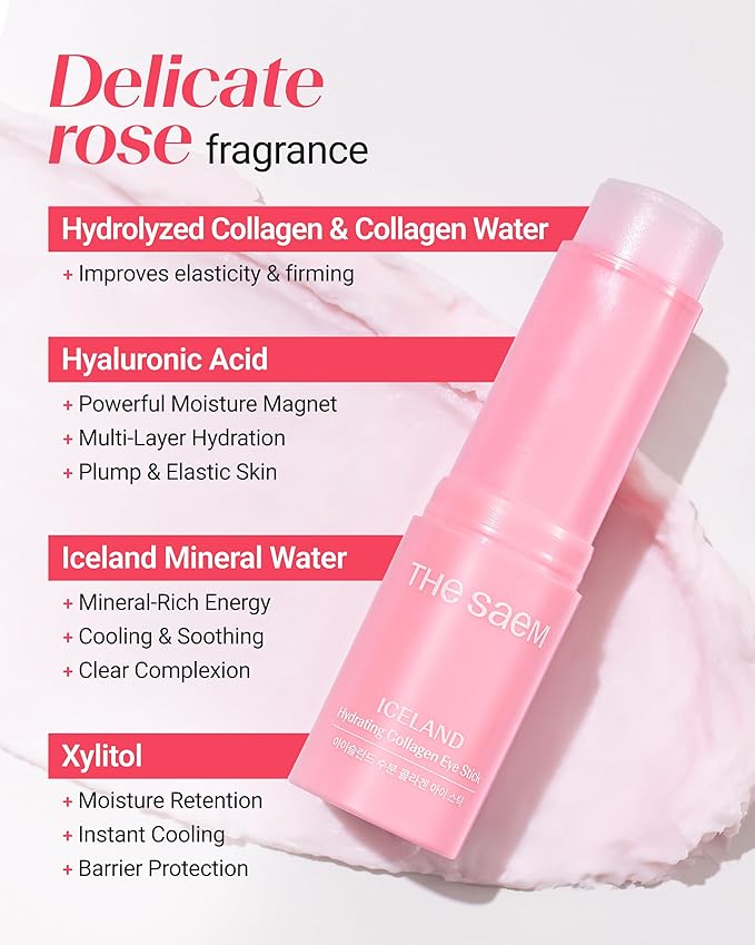 THESAEM Iceland Hydrating Eye Stick Bundle - 2 Pack (Hydrating + Collagen) 0.38 oz each - Cooling Balm for Dark Circles, Puffiness & Wrinkles - Under Eye Treatment with Niacinamide & Collagen