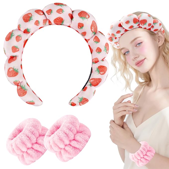 Zkptops Spa Headband for Washing Face Wristband Set Sponge Makeup Skincare Velvet Fabric Bubble Soft Get Ready Hairbands for Women Puffy Pink Headwear Non Slip Thick Thin Hair Accessory (Strawberries)
