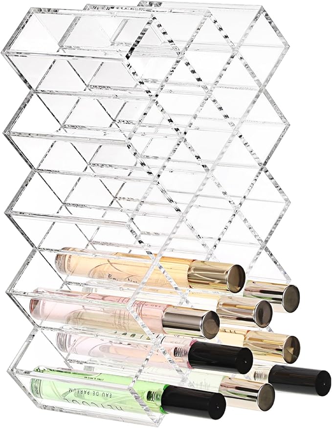 ELLDOO Rollerball Perfume Organizer, 23 Spaces Clear Acrylic Perfume Storage Holder Beauty Scent Holder, Stackable Makeup Lipgloss Lipstick Display Case Lip Gloss Storage Stand (5-Tier)