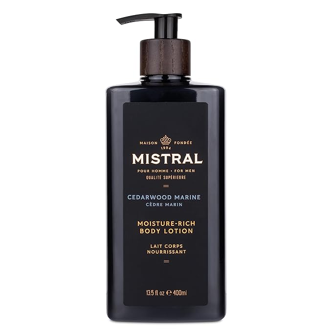 Mistral Cedarwood Marine Body Lotion for Men | Moisture-Rich Body Cream | Fast-Absorbing Men’s Lotion with Shea Oil & Squalane | Natural & Paraben-Free | Masculine Scent – 13.5 fl oz
