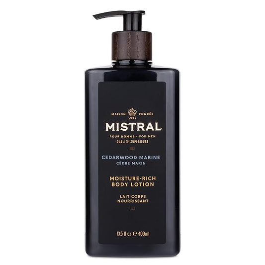Mistral Cedarwood Marine Body Lotion for Men | Moisture-Rich Body Cream | Fast-Absorbing Men’s Lotion with Shea Oil & Squalane | Natural & Paraben-Free | Masculine Scent – 13.5 fl oz