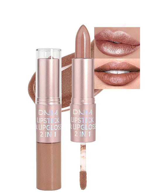 Glitter Metallic Lipstick and Lip Gloss Combo,Nude Brown Diamond Shimmer Liquid Metallic Lipsticks for Women,Long Lasting Waterproof 2in1 Lip Gloss Stain Matte to Glitter Non-Stick Lipliner Makeup-03