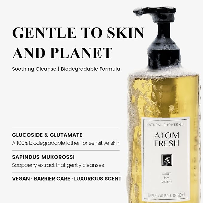Atom Fresh Gentle Moisturizing Body Wash for Sensitive Skin, Plant-Based with Amino Acid Surfactants, Glycerin & Soapberry Extract - Sweet Jam Jasmine, 16.94 FL OZ