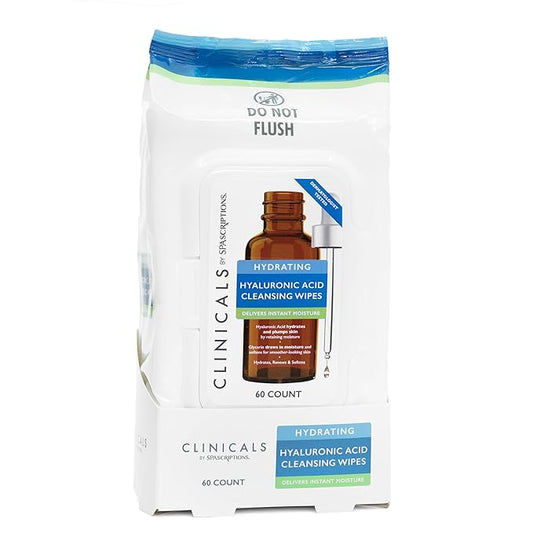 SPASCRIPTIONS Hydrating, Hyaluronic Acid Cleansing Towelettes, 60 Ct. Hydrate & Renew with Hyaluronic Acid and Glycerin, Helps Moisturize, Soften & Restore Skin’s Natural Glow (1 Pack)