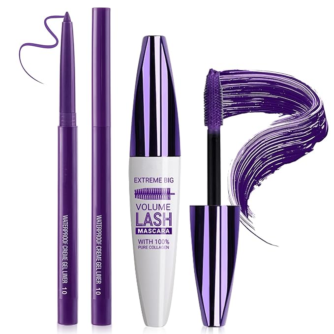 Purple Mascara and Eyeliner Set 5D Coloured Mascara for Eyelashed, Volumizing Curling Defining Eye Lashes，Long-Lasting Waterproof Purple Makeup