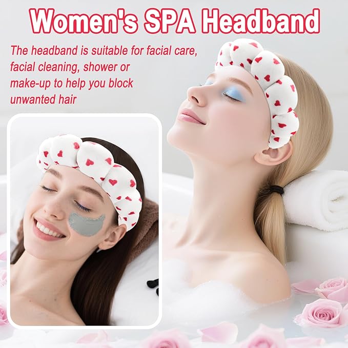 Zkptops Spa Headband for Washing Face Wristband Set Sponge Makeup Skincare Velvet Fabric Bubble Soft Get Ready Hairbands for Women Puffy Headwear Non Slip Thick Thin Hair Accessory (Red Heart)
