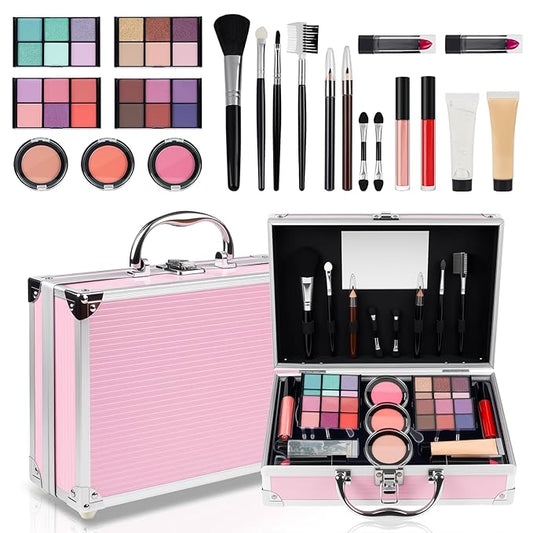 Makeup Kit for Teen Girls, Complete Cosmetic Set with Eyeshadow Palette, Lipstick, Blush, Lip Gloss, Brushes, Gifts for Christmas Thanksgiving Pink