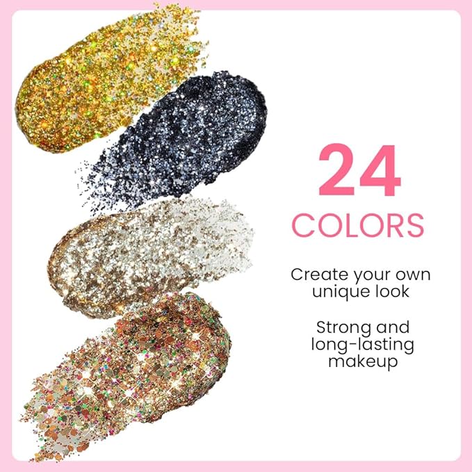 evpct 24 Colors Glitter Sparkle Eyeshadows Palette Makeup for Women, Black White Pink Green Blue Rainbow Neon Metallic Shimmer Shiny Eyeshadow Palette, Body Pressed Eye Shadow Glitter Palette Makeup