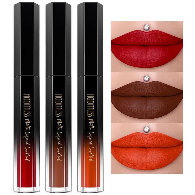 Red Lipstick Set Long Lasting 3Pc Matte Liquid Lipsticks for Women Non Transfer Smudgeproof Red Brown Orange Lipstick Kit Cruelty Free Lip Color, 13/50/51
