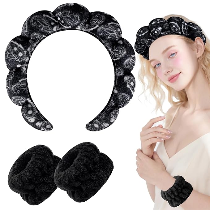 Zkptops Spa Headband for Washing Face Wristband Set Sponge Makeup Skincare Velvet Fabric Bubble Soft Get Ready Hairbands for Women Puffy Headwear Non Slip Thick Thin Hair Accessory(Black Large Nuts)