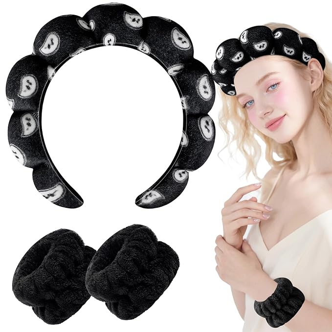 Zkptops Spa Headband for Washing Face Wristband Set Sponge Makeup SkincareVelvet Fabric Bubble Soft Get Ready Hairbands for Women Puffy Headwear Non Slip Thick Thin Hair Accessory (Black Nuts)