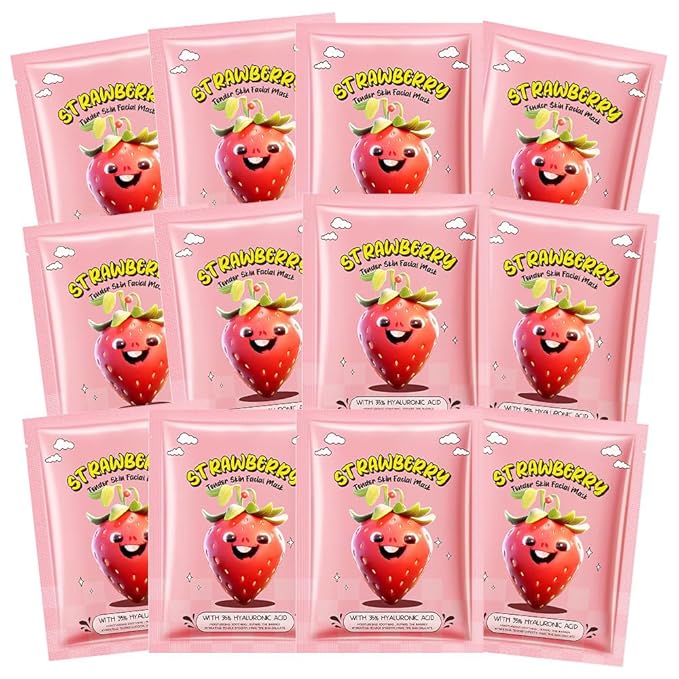 12 Pack Kids Face Masks for Kids Girls Spa, Girls Kids Facial Spa Day Slumber Sleepover Birthday Party Favors Supplies Kit for Girl, Kid Friendly Facial Face Masks Bulk Skincare for Kid, Strawberry
