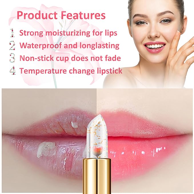 2 Pack Crystal Flower Jelly Lipstick,Magic Color Changing Lipstick,PH Clear Temperature Color Changing Lip Gloss,Lip Balm,Long Lasting Nourishing Moisturizing Lip Stick Set H01+02
