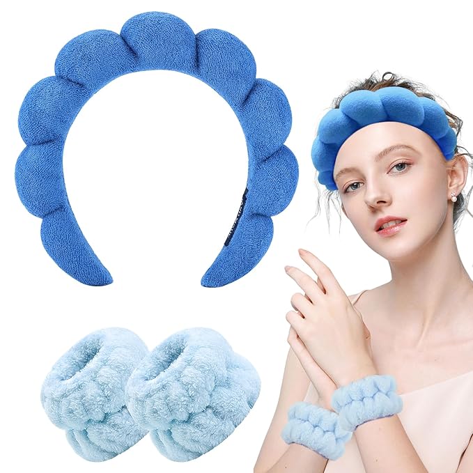 Zkptops Spa Headbands for Washing Face Wristband Set Sponge Makeup Skin Care Headband Towels Bubble Soft Hairband for Women Girls Puffy Headwear Winter Non Slip Thick Thin Hair Accessory(Dark Blue-3)