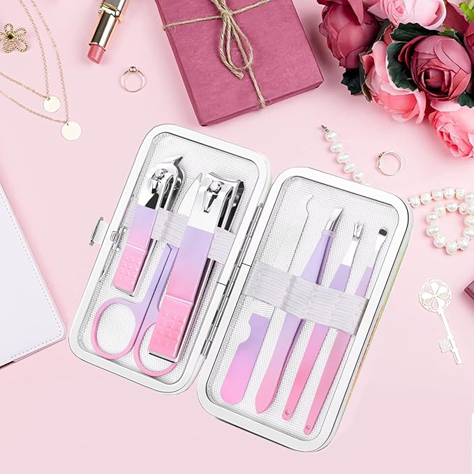 Aceoce Manicure Set Women Nail Clippers Professional Manicure Pedicure Kit Stainless Steel Nail Cutters Grooming Kit Personal Care Tools with Travel Case Gift for Women Gradual Purple