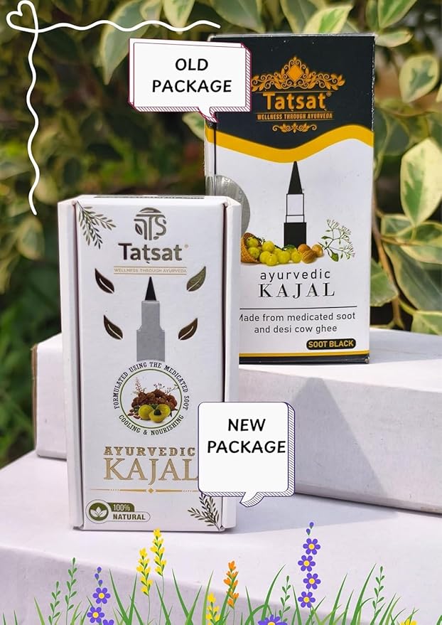 TATSAT - WELLNESS THROUGH AYURVEDA Kajal With Pure Herbs, Medicated Soot And Desi Cow Ghee|Safe For Babies|Lab Tested|No Preservatives, Black, Matte Finish (1 Count (Pack of 1))