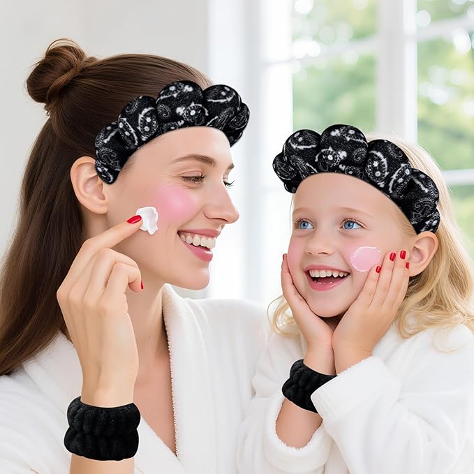 Zkptops Spa Headband for Washing Face Wristband Set Sponge Makeup Skincare Velvet Fabric Bubble Soft Get Ready Hairbands for Women Puffy Headwear Non Slip Thick Thin Hair Accessory(Black Large Nuts)