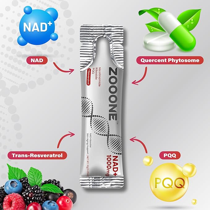 zooone NAD+ 1000mg Liquid Packets Supplement - Premium Nicotinamide Riboside & Resveratrol for Cellular Energy,Advanced NAD Booster for Men & Women (30 Pocket)