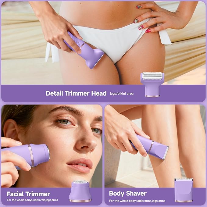 Bikini Trimmer for Women, Tiovara Painless Electric Razors Shaver IPX7 Waterproof Cordless Body Hair Trimmer Pubic Hair Removal with USB Charge Dock for Underarm Leg Arm Body Face Silk Skin (Lilac)