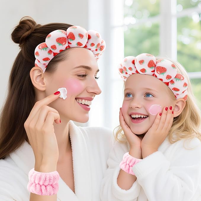 Zkptops Spa Headband for Washing Face Wristband Set Sponge Makeup Skincare Velvet Fabric Bubble Soft Get Ready Hairbands for Women Puffy Pink Headwear Non Slip Thick Thin Hair Accessory (Strawberries)