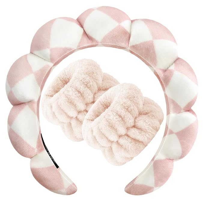 Zkptops Spa Headband for Washing Face Wristband Set Sponge Makeup Skincare Velvet Fabric Bubble Soft Get Ready Hairbands for Women Puffy Headwear Non Slip Thick Thin Hair Accessory (Checkered)