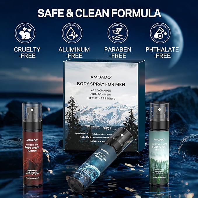 Men’s Body Spray Set – 3 Pack Body Mist for Men,Deodorizing Body Spray, Aluminum-Free Cologne Gift Set for Him, Travel Size Fresh, Oriental & Woody Scents,Each 3.4 fl oz