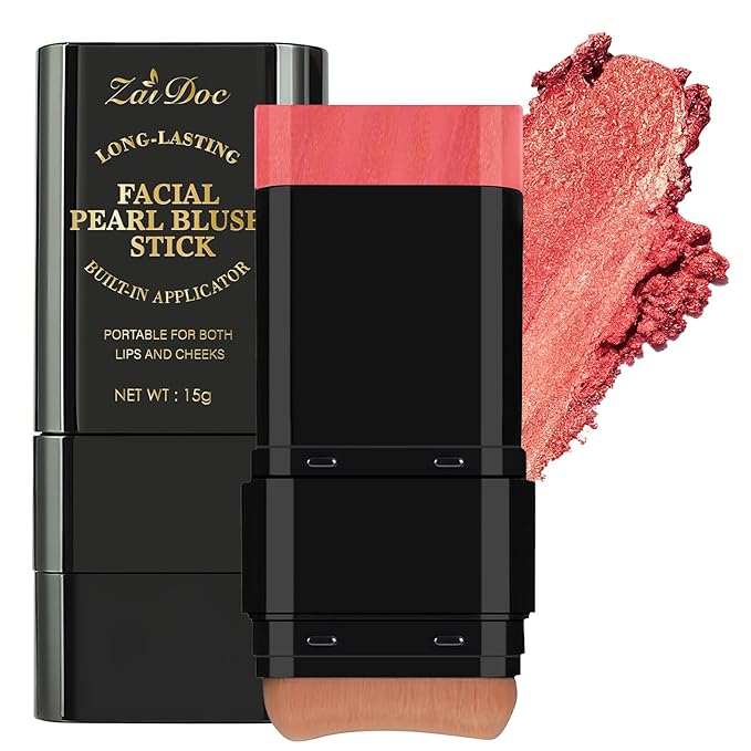 Facial Blush Stick with Brush, Creamy Lip & Cheek Color with Caesalpinia Sappan Extract, Pearl Deep Pink, 0.5 Oz