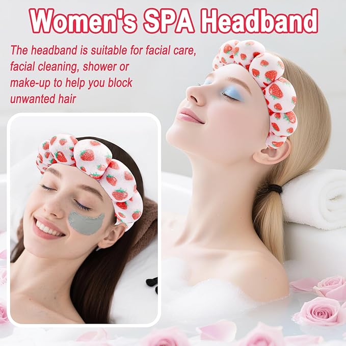 Zkptops Spa Headband for Washing Face Wristband Set Sponge Makeup Skincare Velvet Fabric Bubble Soft Get Ready Hairbands for Women Puffy Pink Headwear Non Slip Thick Thin Hair Accessory (Strawberries)