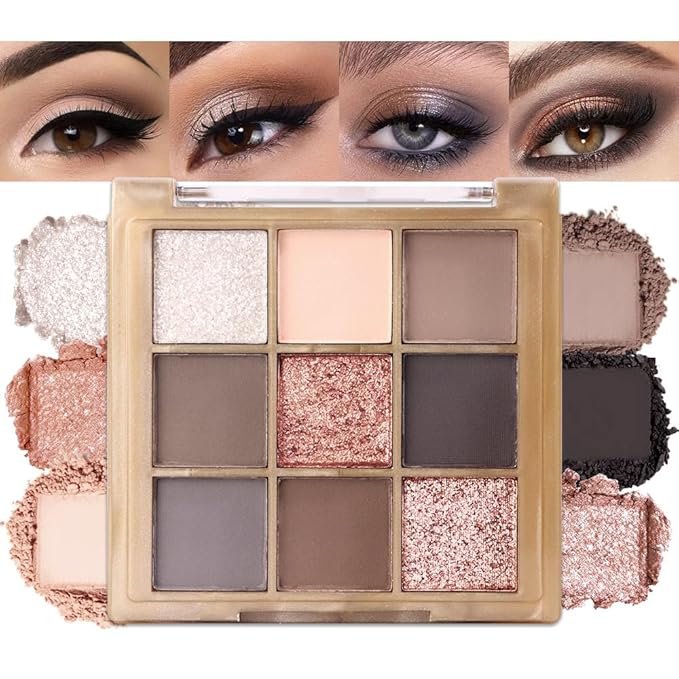 9 Colors Eye Shadow Palettes Makeup,Rose Gold Nude Brown Grey Smoky Eyeshadow Palette for Older Women,Natural Powde Eye Shadows Waterproof Long Lasting Naturing-Looking,Travel Size Makeup Pallete