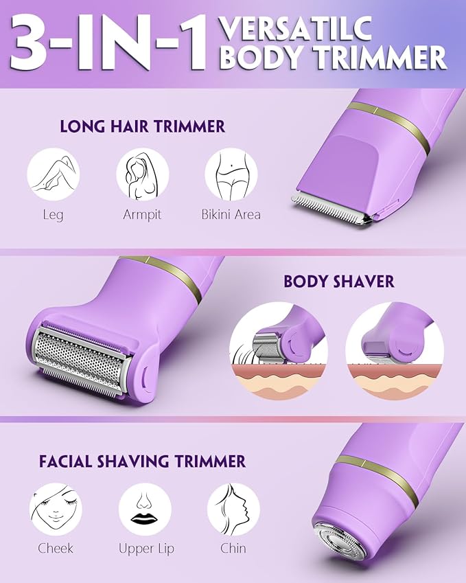 Bikini Trimmer for Women, Tiovara Painless Electric Razors Shaver IPX7 Waterproof Cordless Body Hair Trimmer Pubic Hair Removal with USB Charge Dock for Underarm Leg Arm Body Face Silk Skin (Purple)