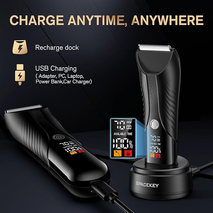 Spacekey Electric Body Hair Trimmer - IPX7 Waterproof Ball Trimmer for Men with LED Light, Wet/Dry Groomer, USB-C Rechargeable, Travel Bag Included - Men's Pubic, Groin and Body Shave